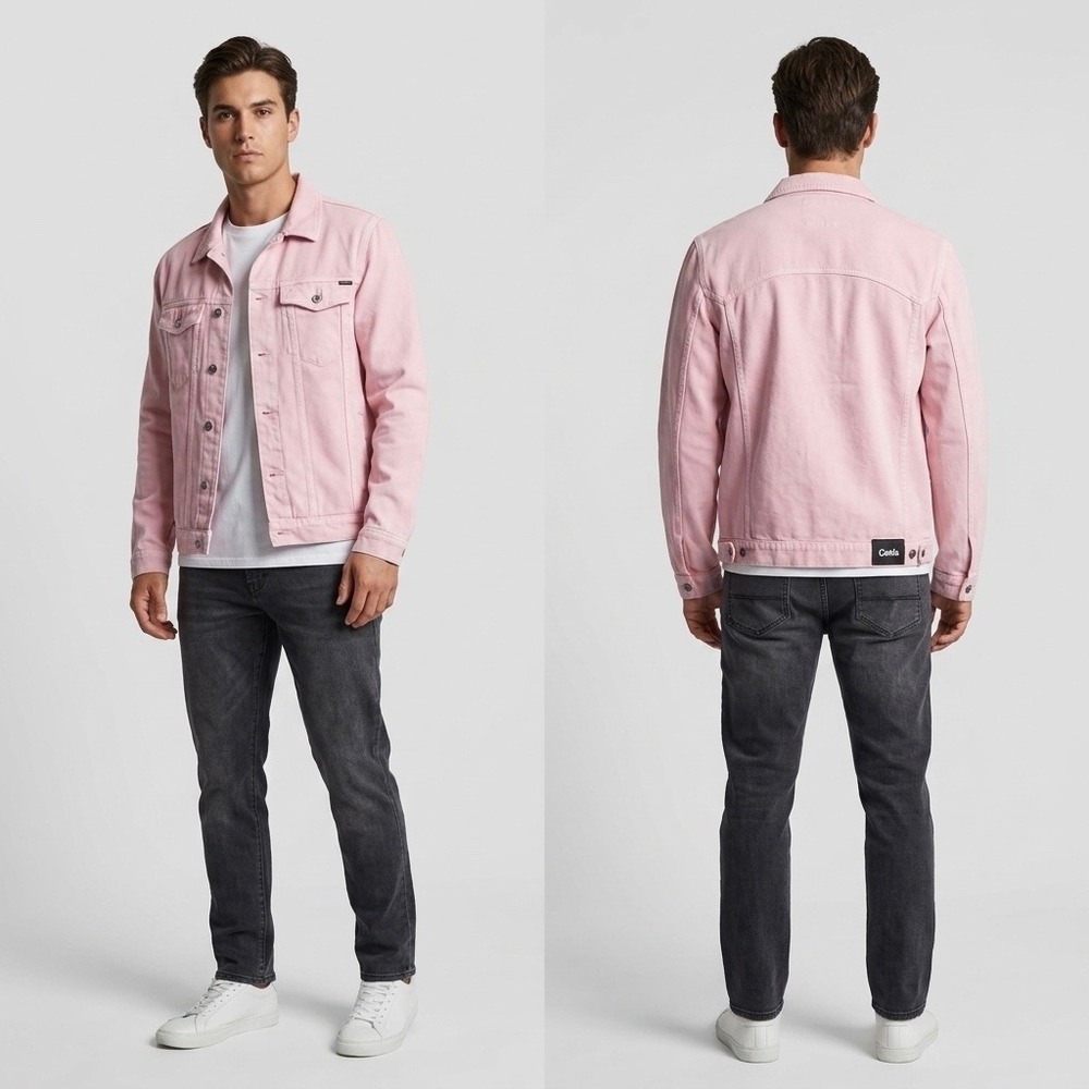 Barney Cools Mens Pink Denim Trucker Jacket Cotton Button Front Medium BC-08-MC1